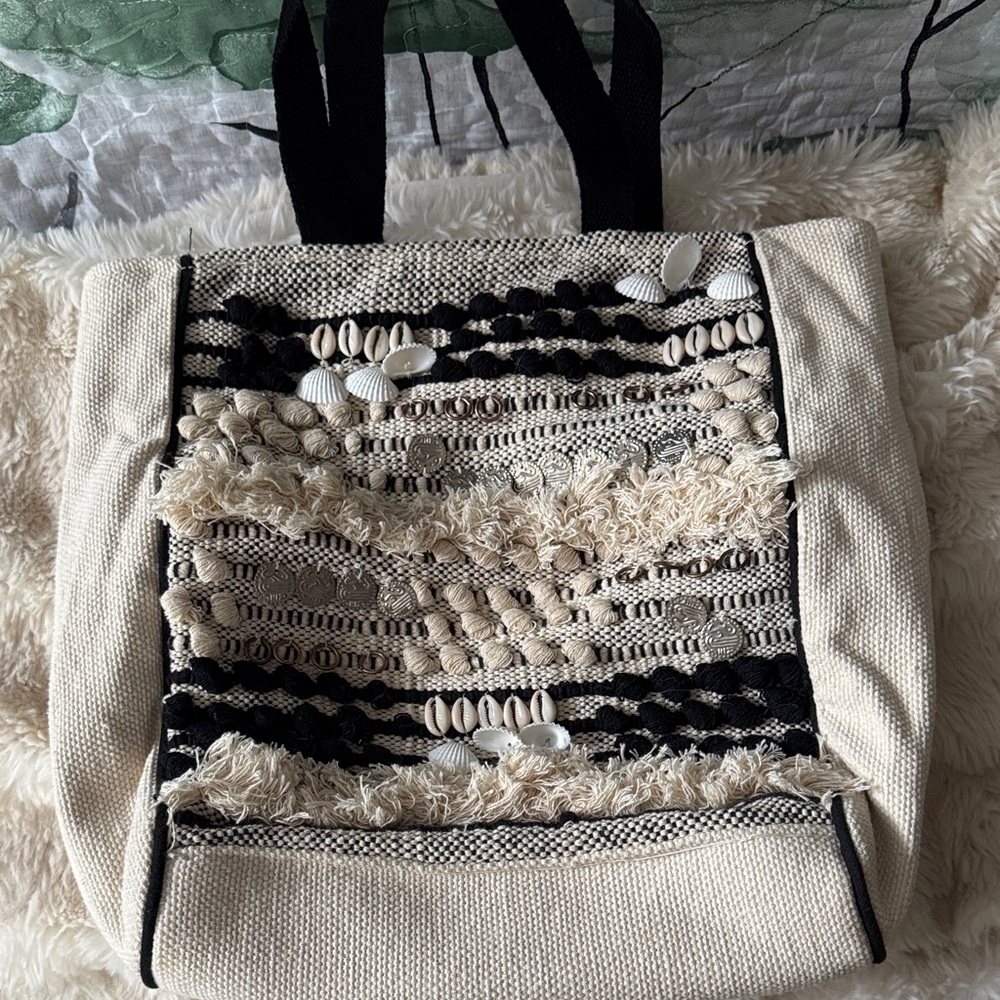 Woven Shell-Embellished Canvas Tote Bag in Beige and Black